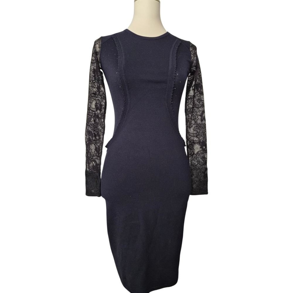 Temperley London Two Tone Lace Sleeve Bodycon Midi Dress Navy Black Size XS